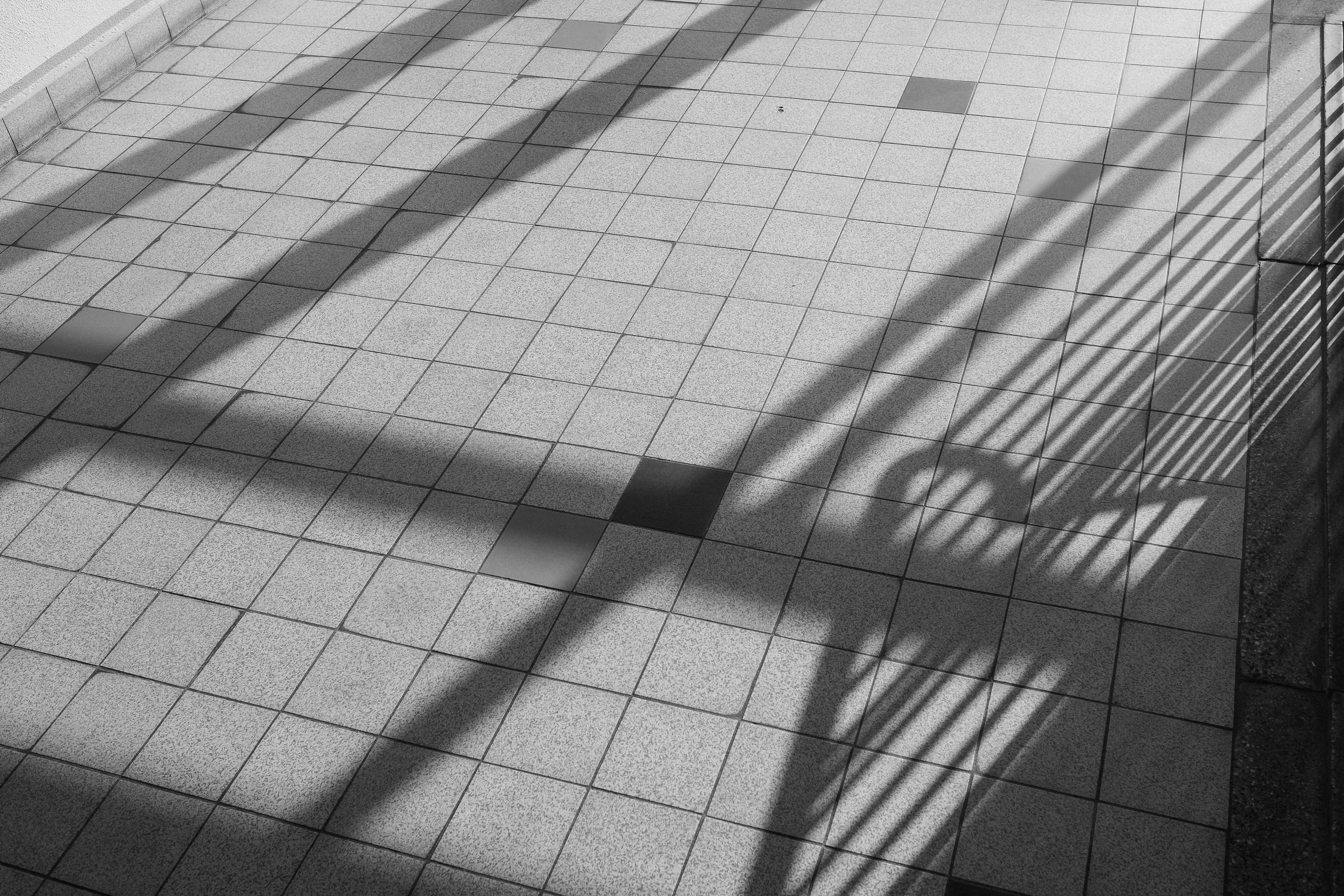 Shadows of a railing cast on a tiled floor.
