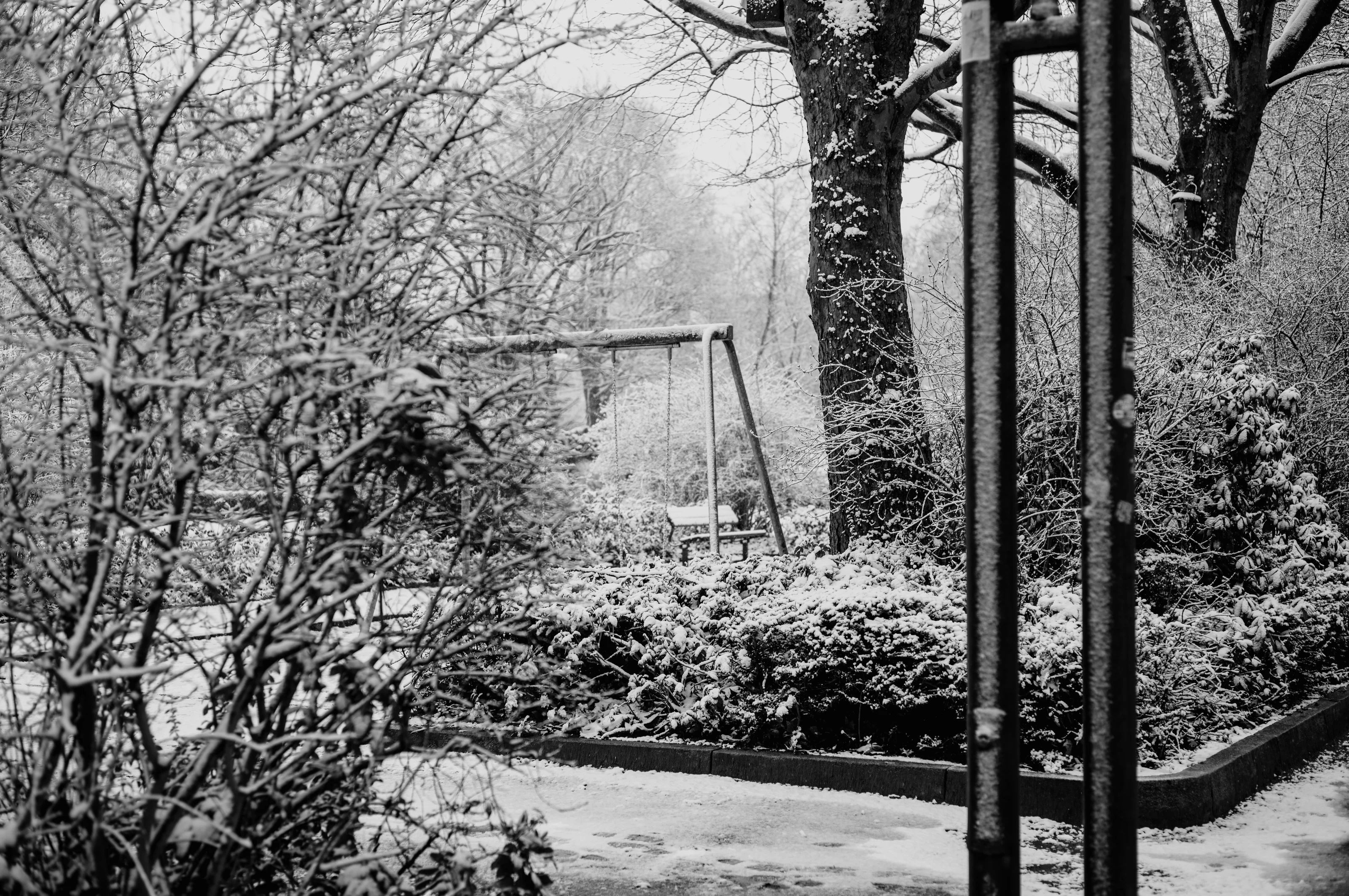 Snow-covered playground with a swing surrounded by trees and bushes.