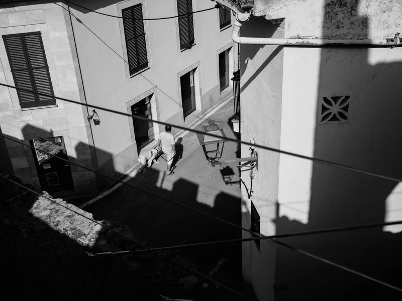 Black and white photo of a person walking a dog in a narrow alley with overhead wires and shadows.