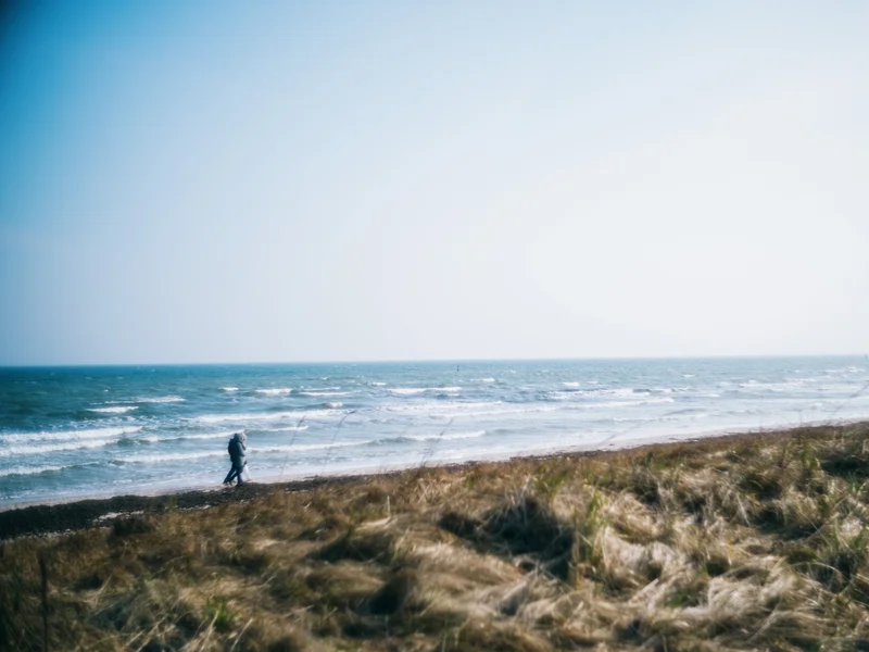 A beach scene with two people walking on the shoreline, with waves in the background under a clear sky.
