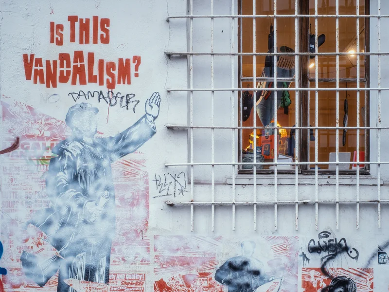Street art featuring a question about vandalism alongside various posters on a wall with a barred window.