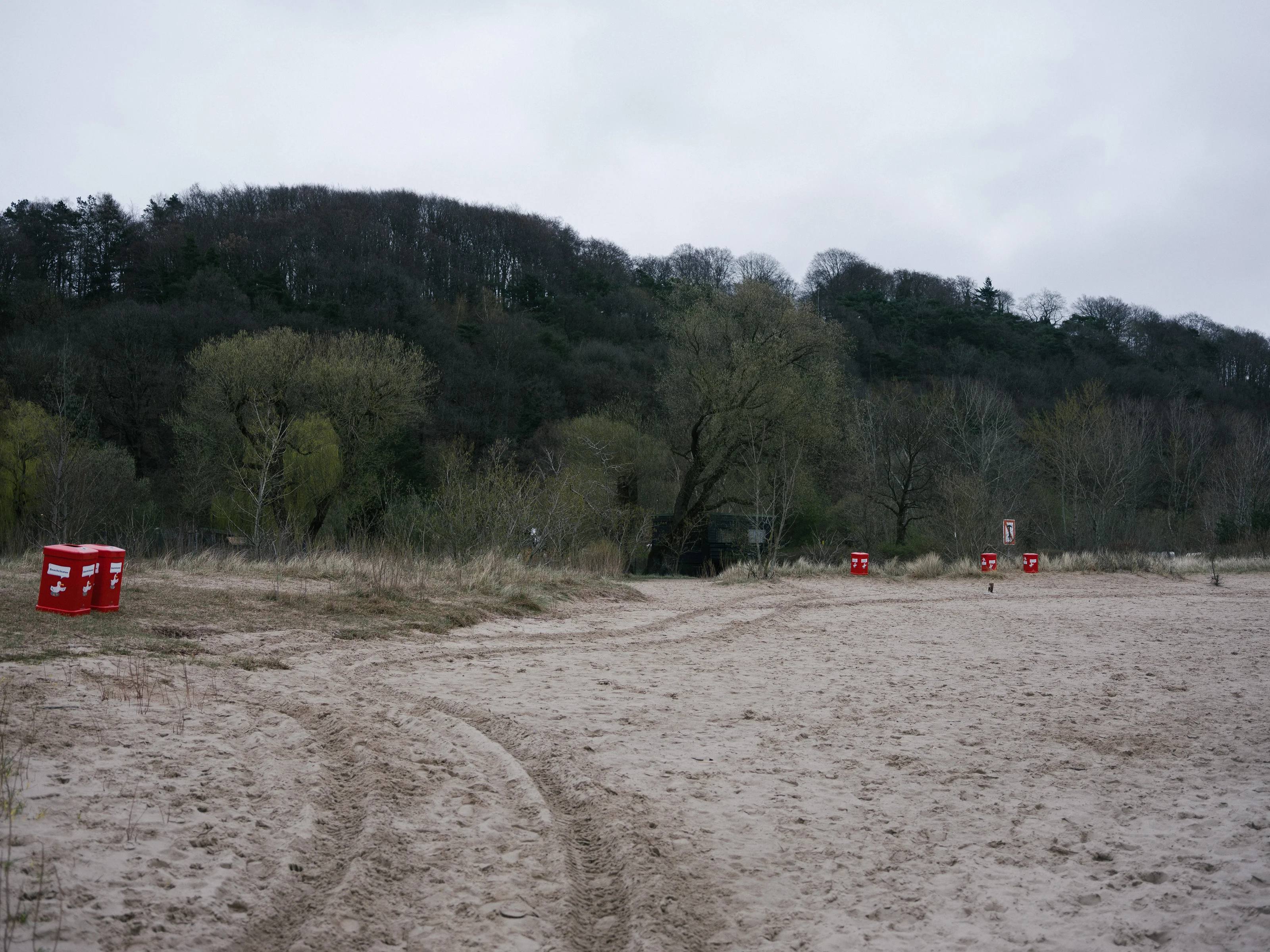 Sandy beach with red trash bins and a background of trees under an overcast sky.