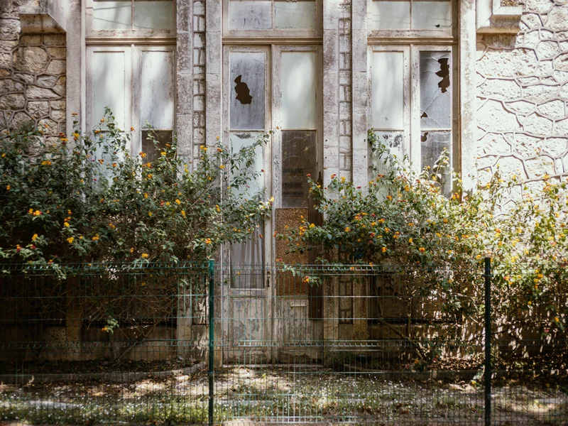 Weathered stone building facade with broken windows and overgrown plants.