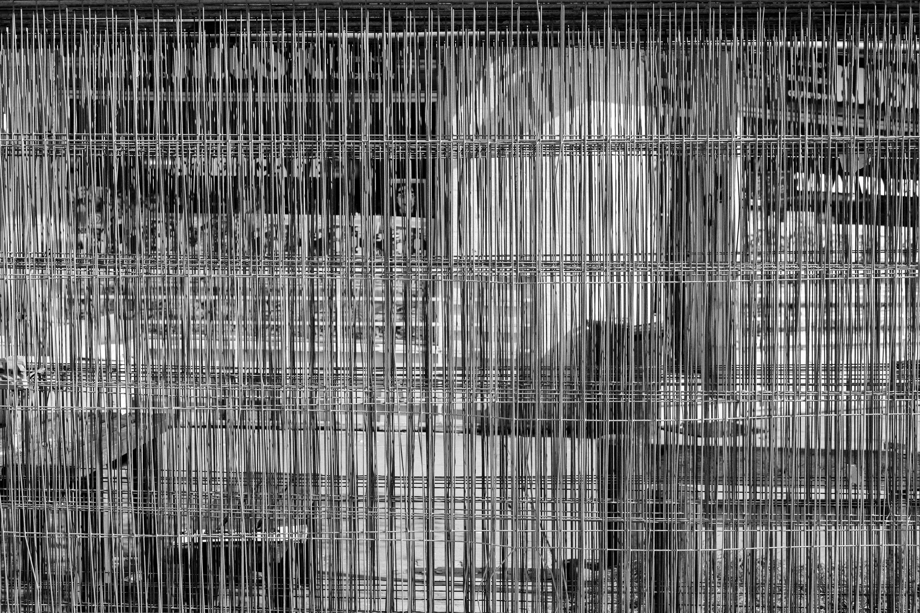 Black and white image of a complex grid of vertical and horizontal metal rods with abstract patterns.