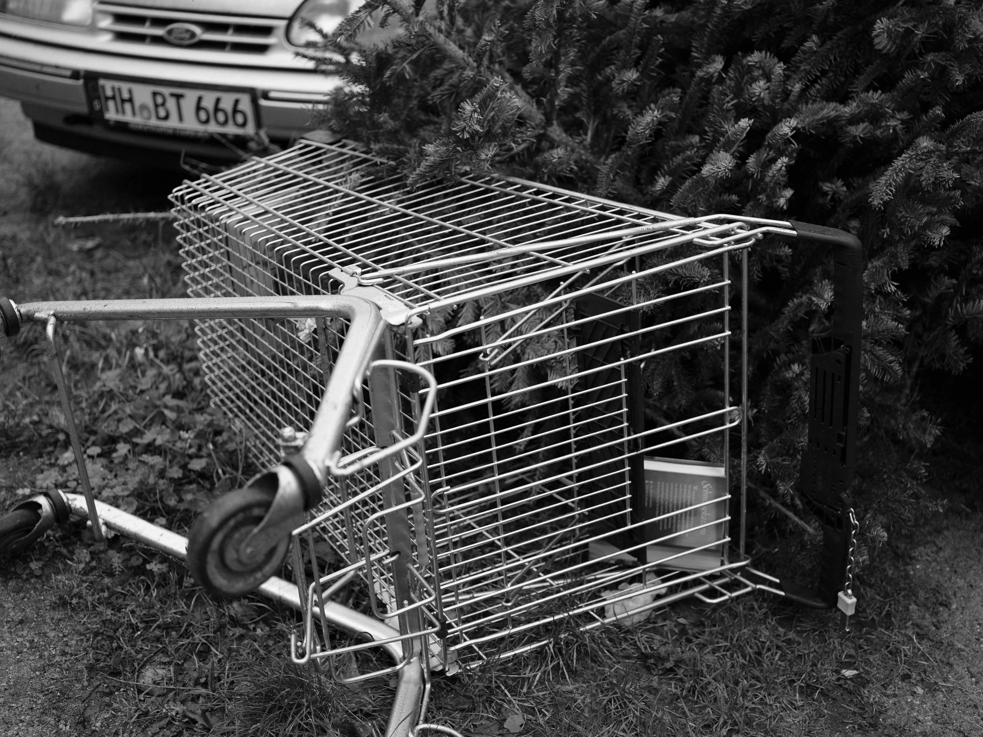 An overturned shopping cart lies on the ground next to a car and a bush.
